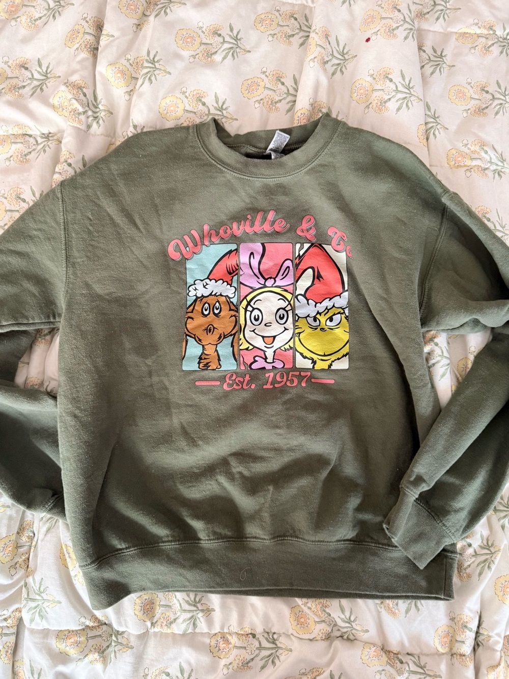 Who-ville Crewneck Sweatshirt in Olive Green - Holiday Character Graphic